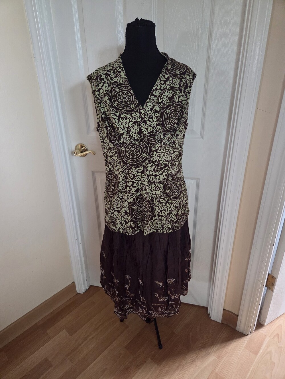 JKLA California brown & green 2 piece skirt & top set boho Hippie Cottagecore XL